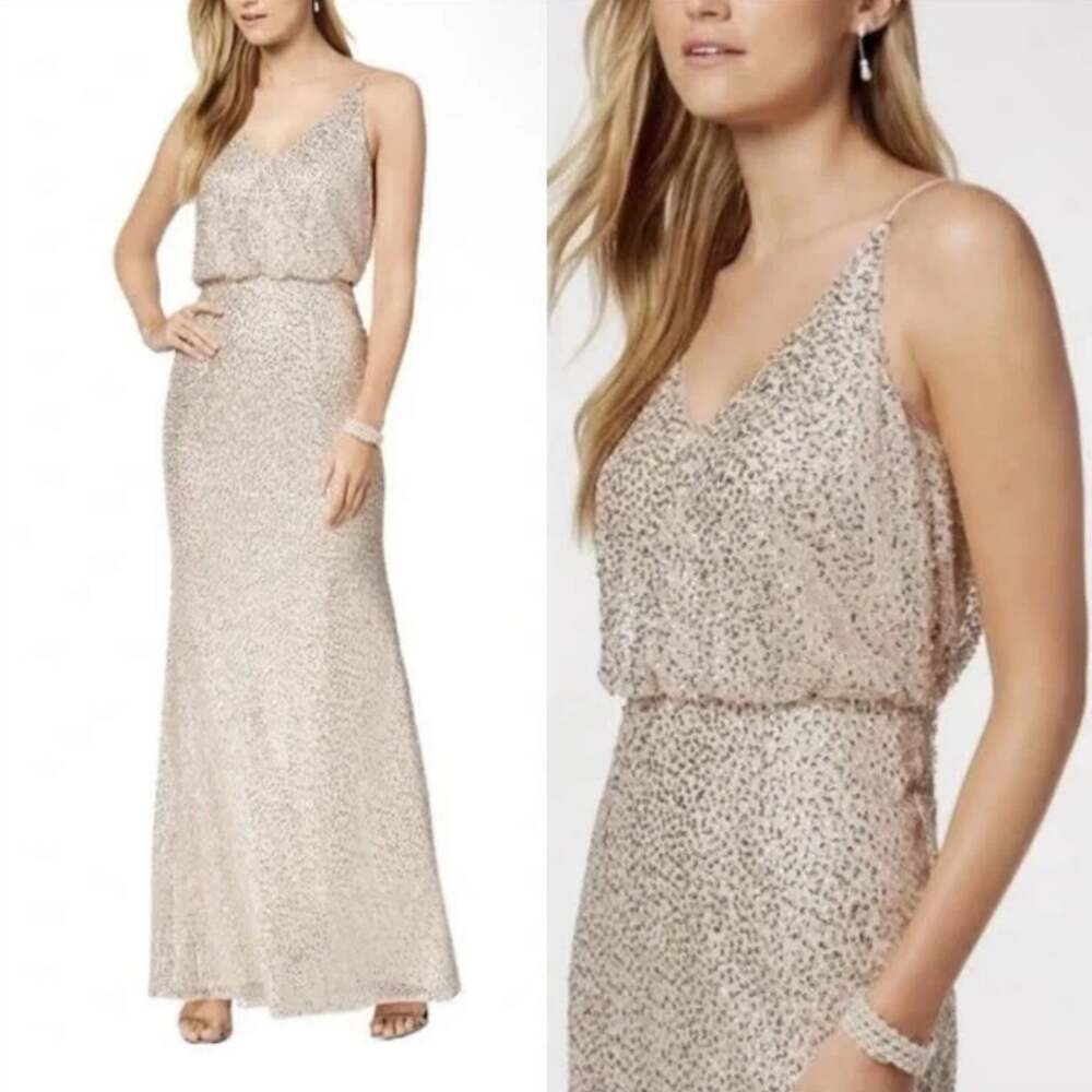 Adrianna Papell Sequin Embellished Cami Blouson Maxi Dress Cream Size 6